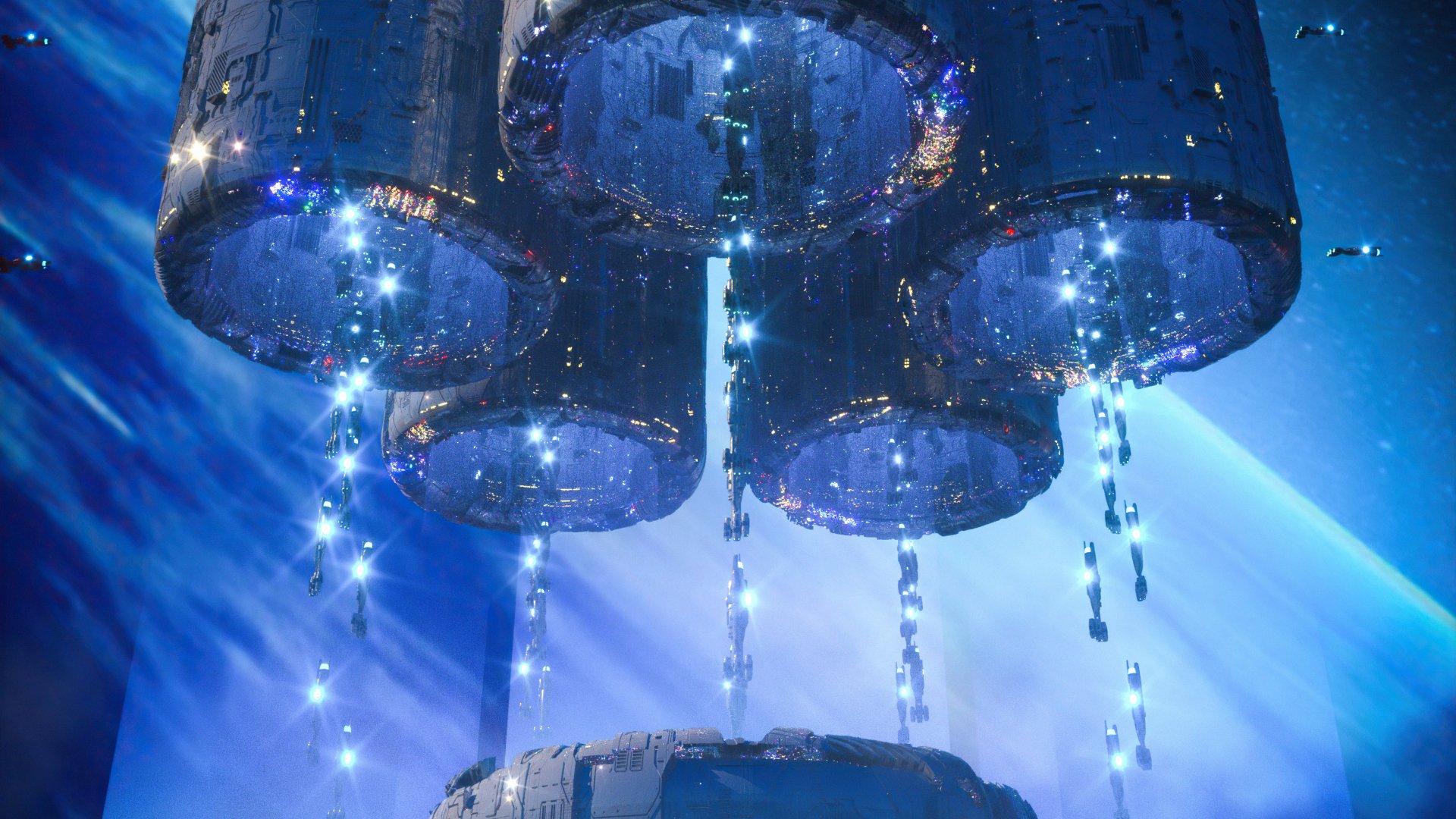 4K Ultra HD sci-fi wallpaper showing a futuristic space station orbiting a blue planet, illuminated by bright lights and technological structures against the dark cosmos.