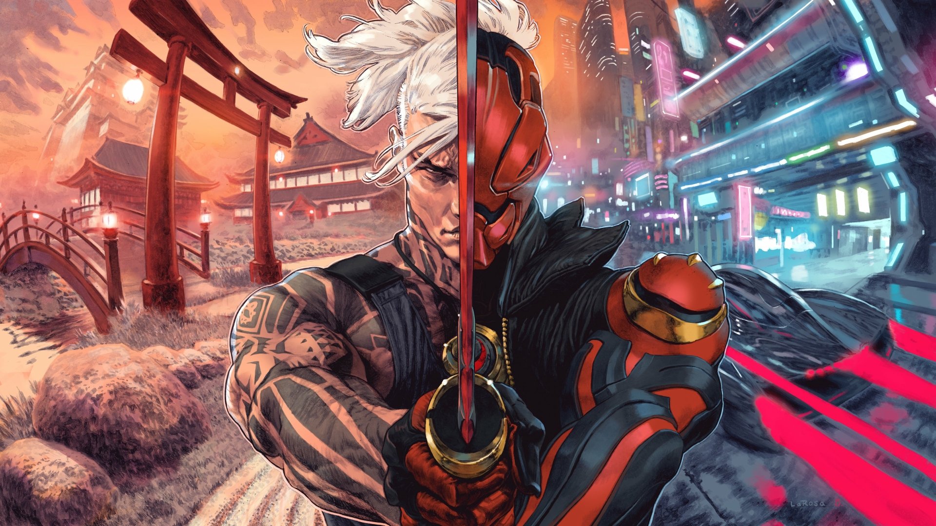 Fortnite Loading Screen: split samurai warrior between neon cyberpunk city and torii-lined countryside — video game artwork, 4K Ultra HD PC desktop wallpaper and background.