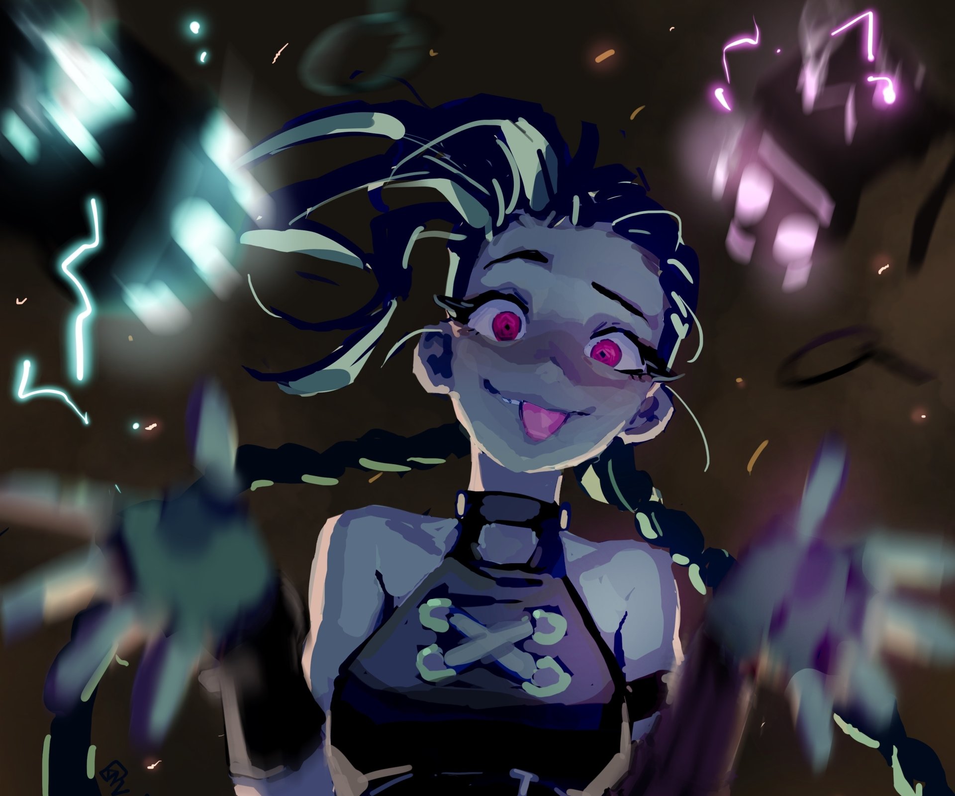 HD desktop wallpaper featuring Jinx from the TV show Arcane, based on League of Legends, with vibrant colors and dynamic lighting.