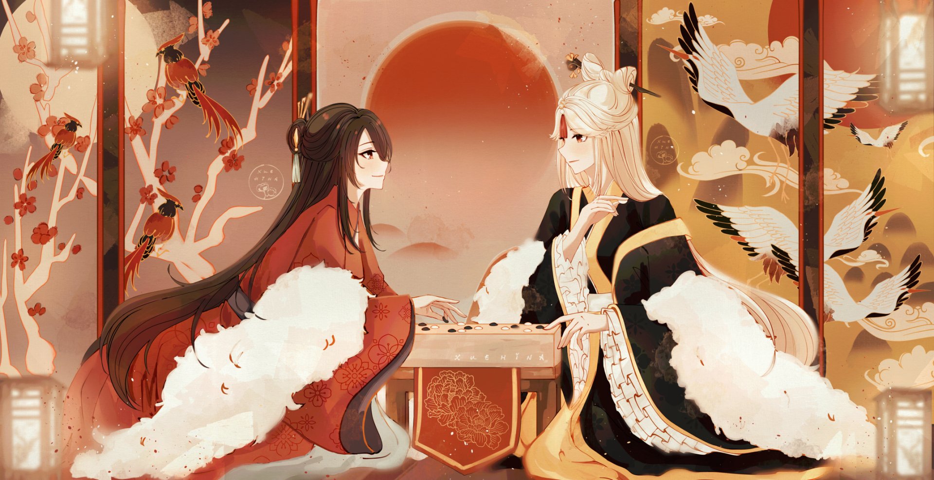HD PC desktop wallpaper featuring Ningguang and Beidou from the video game Genshin Impact in an elegant, traditional setting with warm tones.