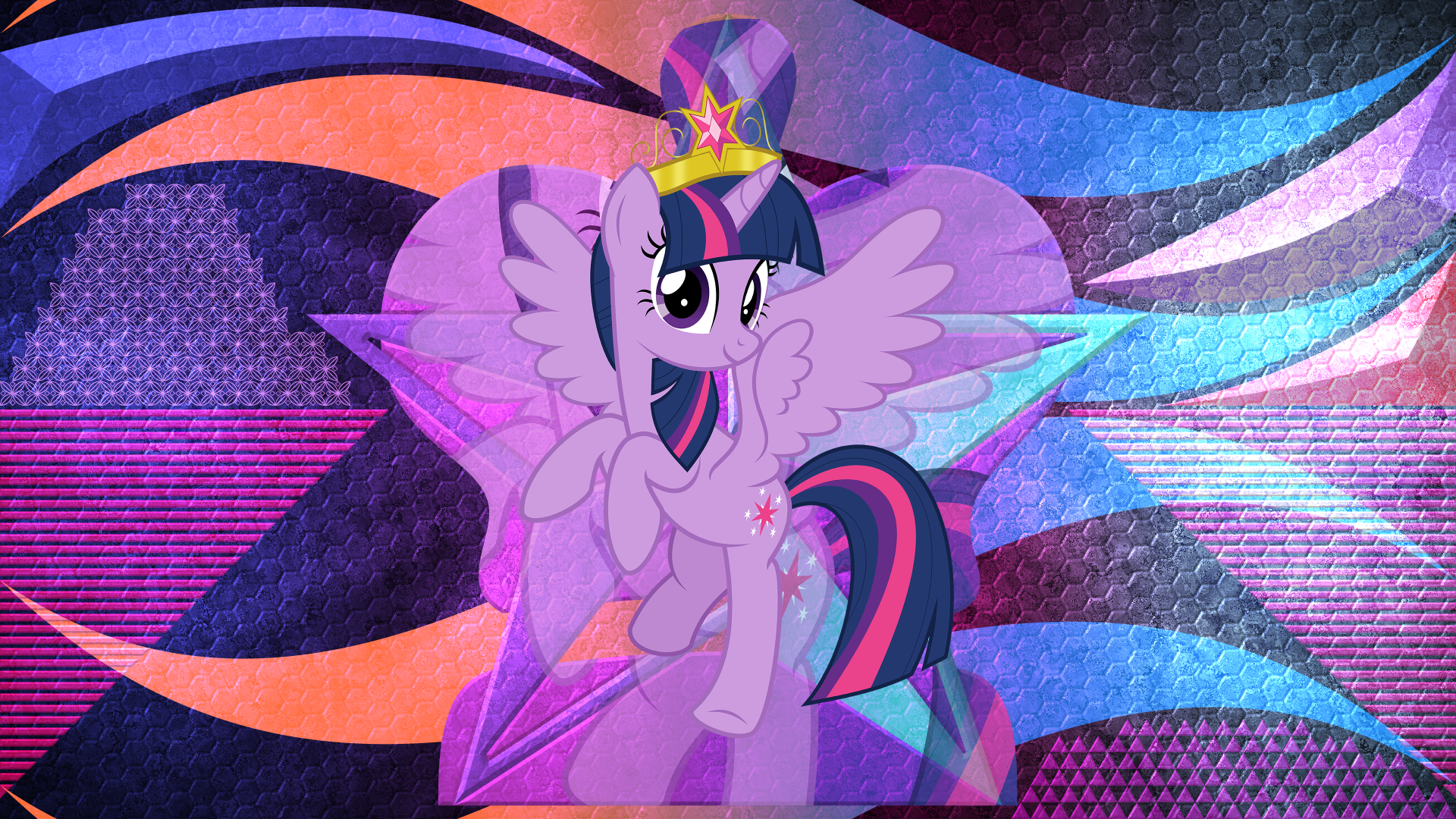 Twilight Sparkle (My Little Pony: Friendship Is Magic) — winged alicorn with crown and cutie mark set against a colorful, geometric 4K Ultra HD PC desktop wallpaper background.