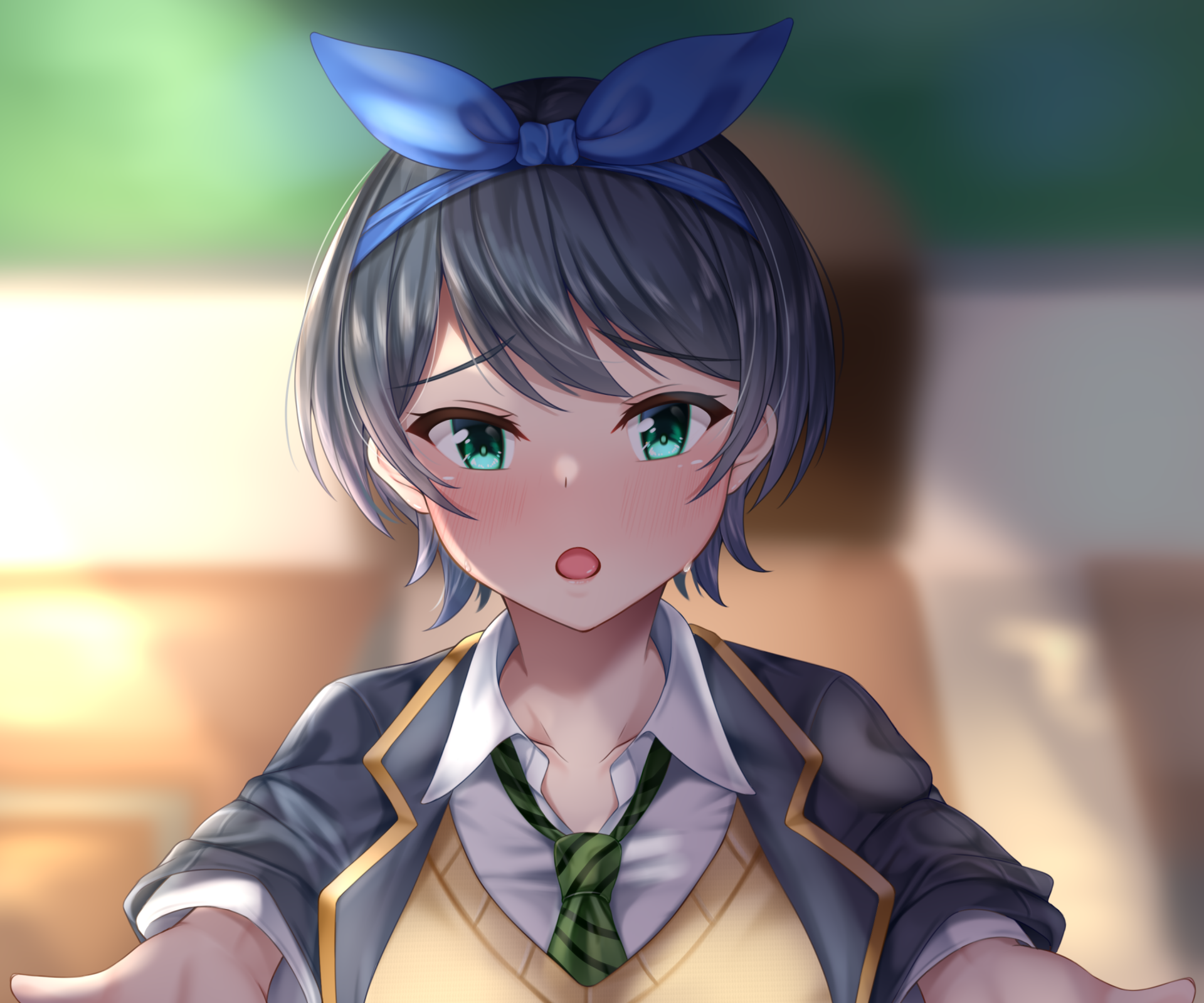 HD anime desktop wallpaper featuring Ruka Sarashina from Rent-A-Girlfriend with green eyes, short gray hair, and a school uniform accented by a blue bow.