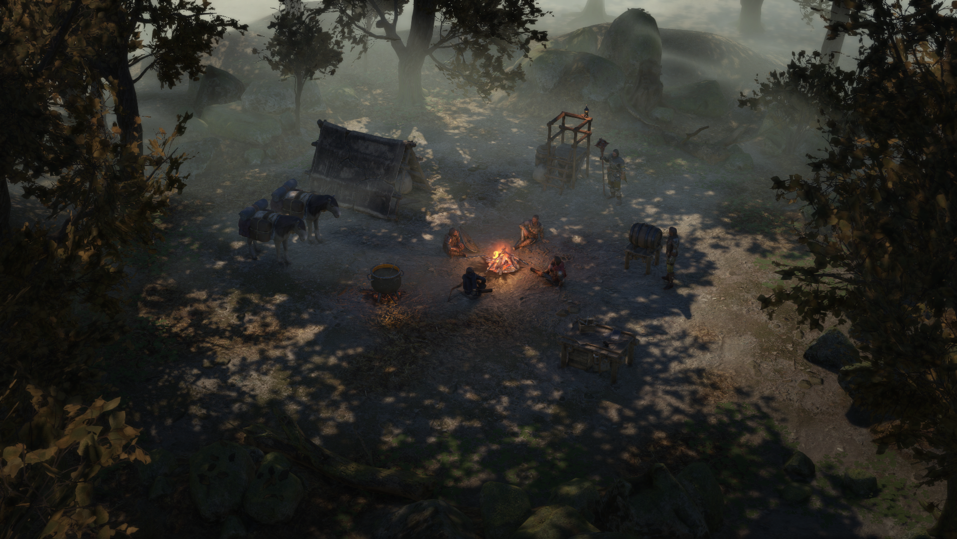 HD Wartales game scene desktop wallpaper featuring a campfire in a misty forest setting.