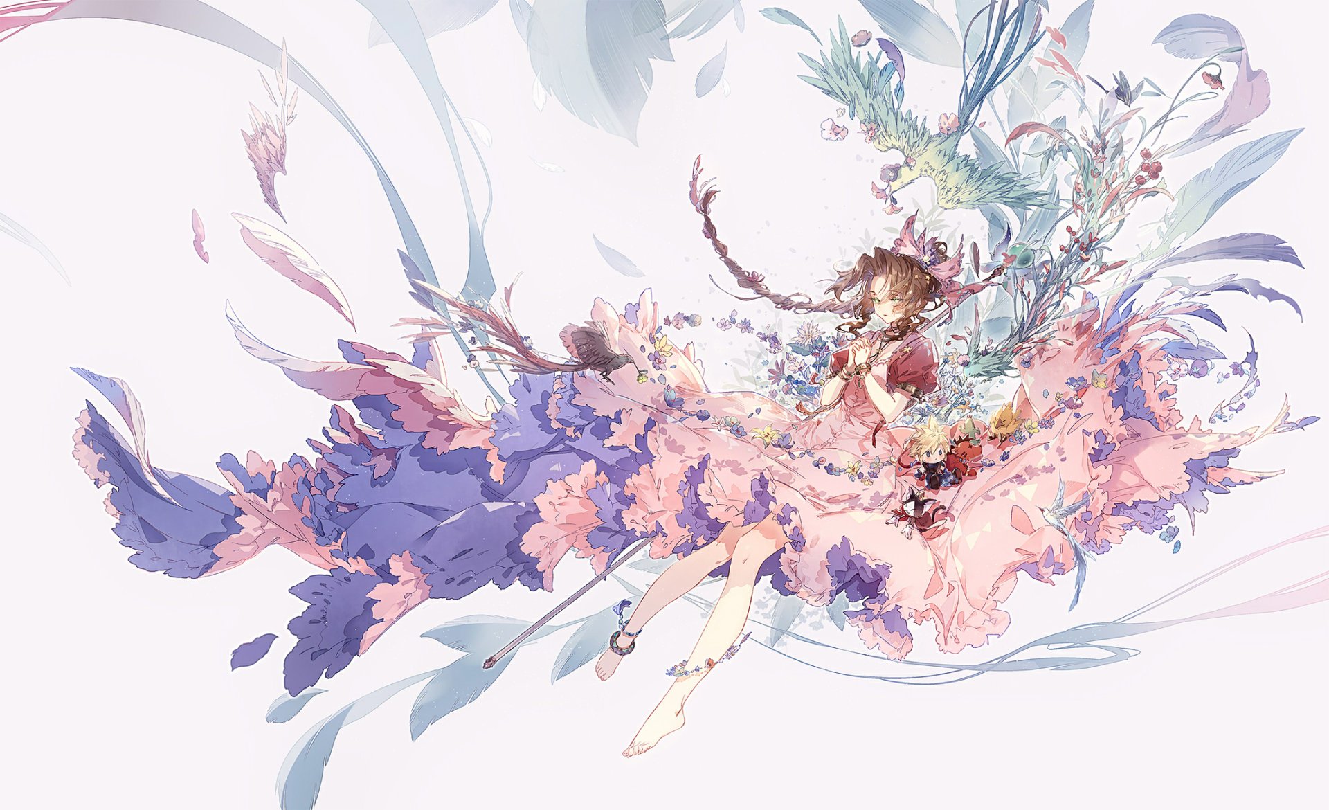 HD PC desktop wallpaper featuring Aerith Gainsborough from the video game Final Fantasy VII, surrounded by delicate floral and ethereal elements in soft pastel tones.