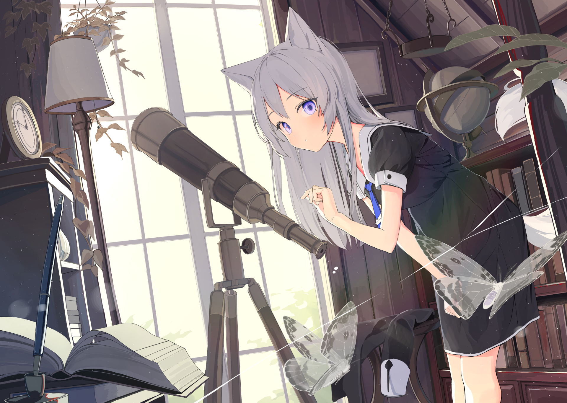 Download Telescope Animal Ears Anime Girl Anime Girl 4k Ultra HD Wallpaper