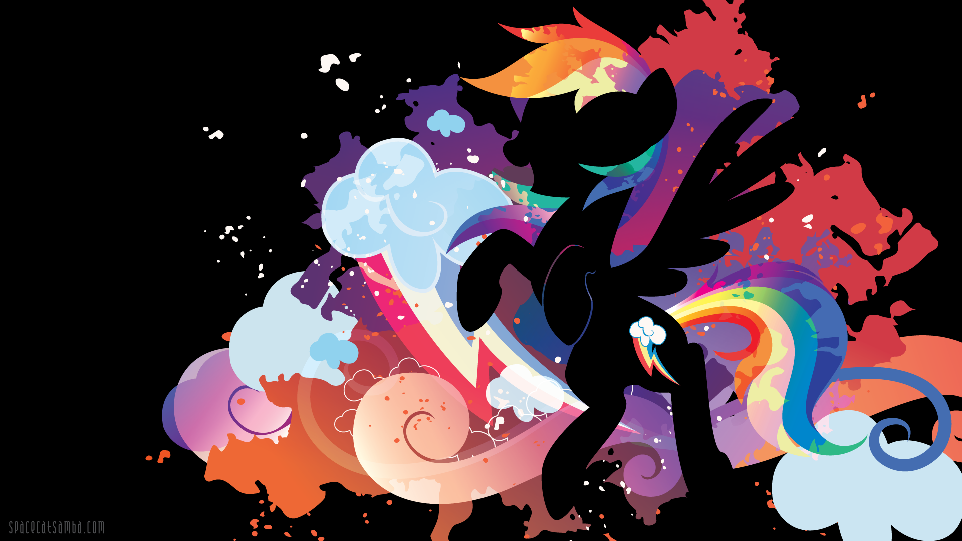Minimalist 4K Ultra HD PC desktop wallpaper of Rainbow Dash from the TV show My Little Pony: Friendship Is Magic, silhouette with rainbow mane and tail over colorful cloud and paint-splash background.