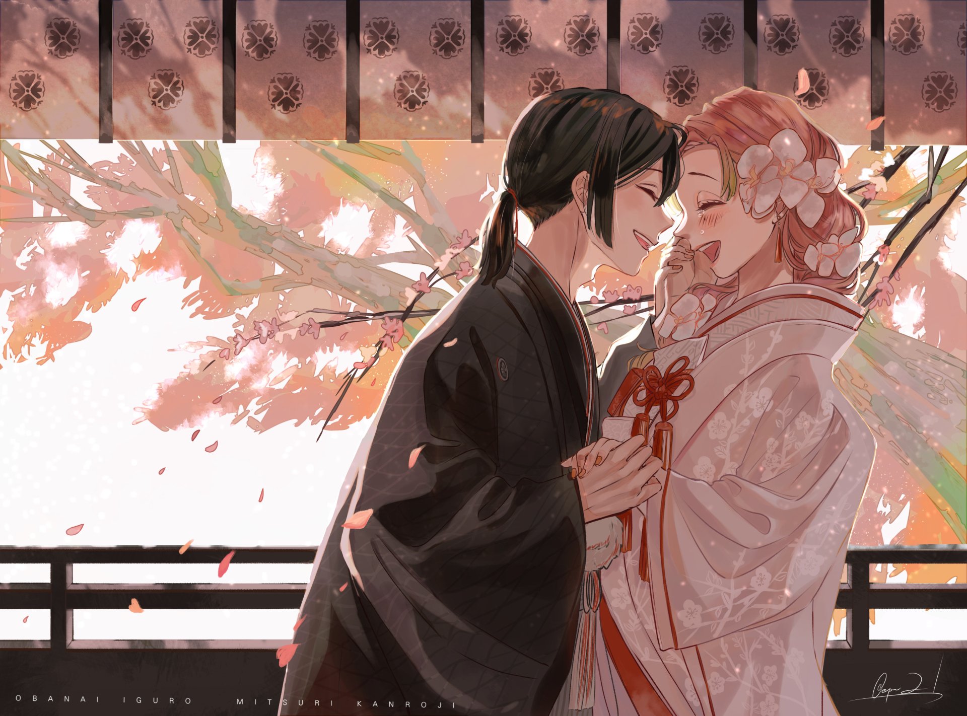 HD PC desktop wallpaper of Mitsuri Kanroji and Obanai Iguro from the anime Demon Slayer: Kimetsu no Yaiba sharing an intimate moment under cherry blossoms.