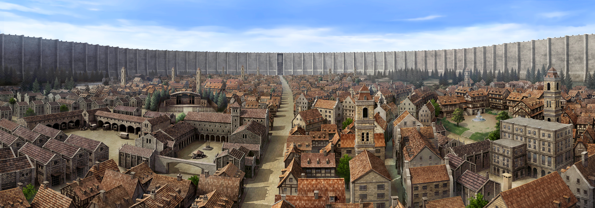 A captivating HD anime wallpaper from Attack on Titan, showcasing a detailed view of a town surrounded by towering walls under a clear blue sky.