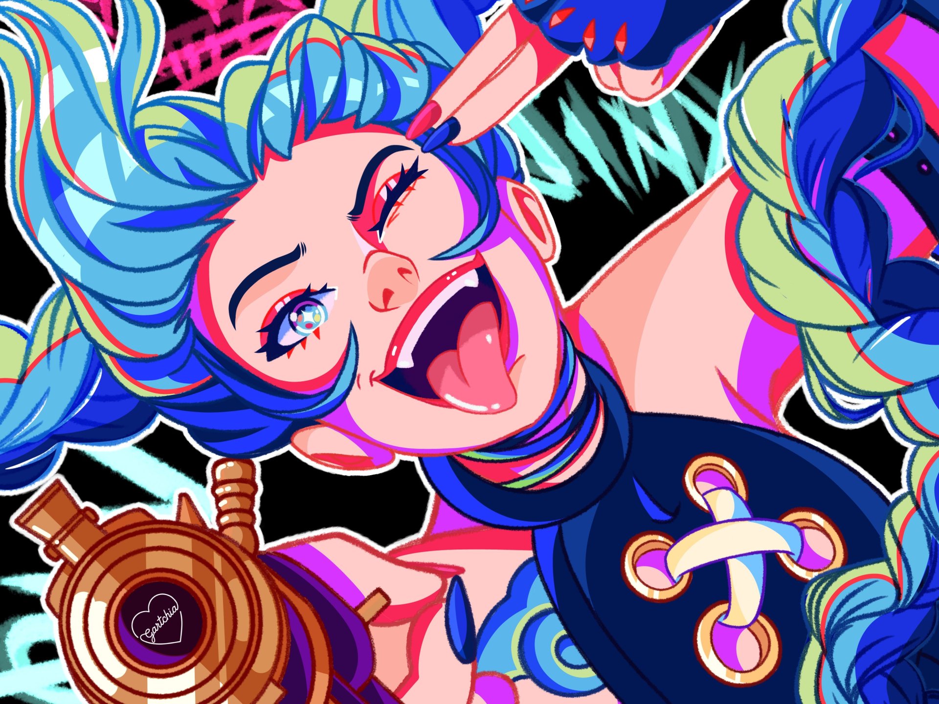 HD desktop wallpaper featuring Jinx from the TV show Arcane, inspired by League of Legends, showcasing her vibrant blue hair and mischievous expression.