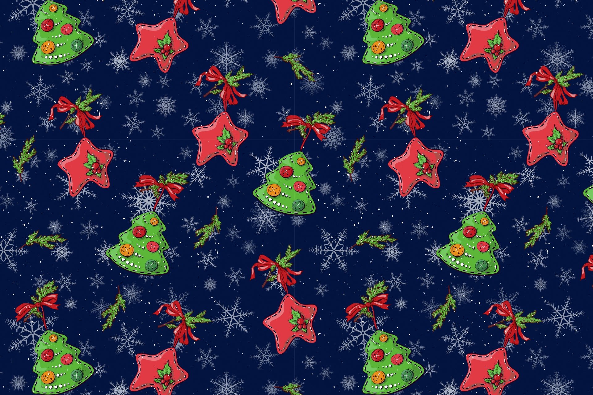 5K Ultra HD PC desktop wallpaper/background showing a repeating holiday pattern of green Christmas trees, red star ornaments, holly bows and white snowflakes on a navy background.