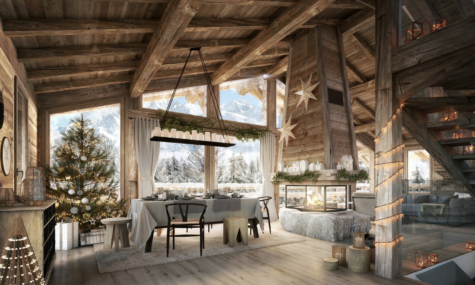 HD desktop wallpaper of a cozy, man-made rustic room with wooden beams, a decorated Christmas tree, dining table, and warm natural light streaming through large windows.