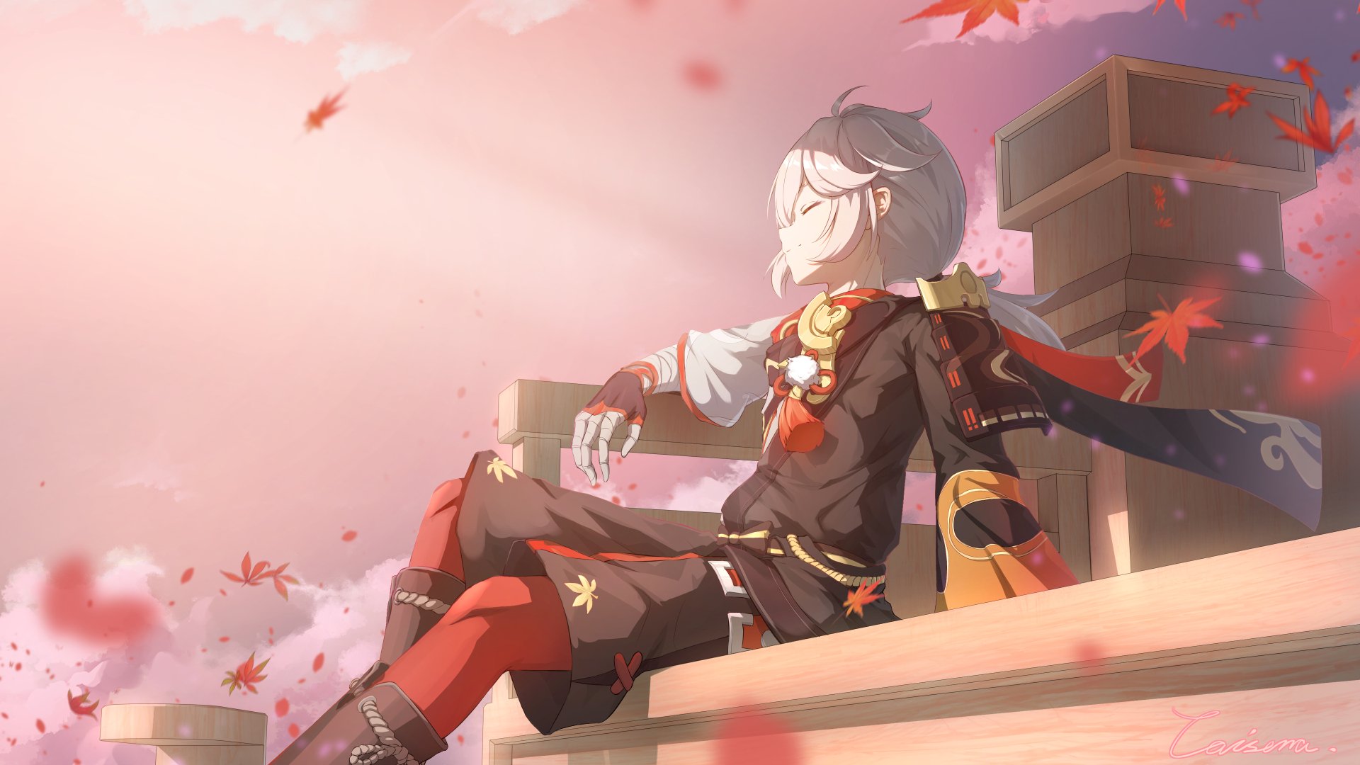 Kaedehara Kazuha from Genshin Impact relaxes amid falling autumn leaves in a serene 4K Ultra HD PC desktop wallpaper background.