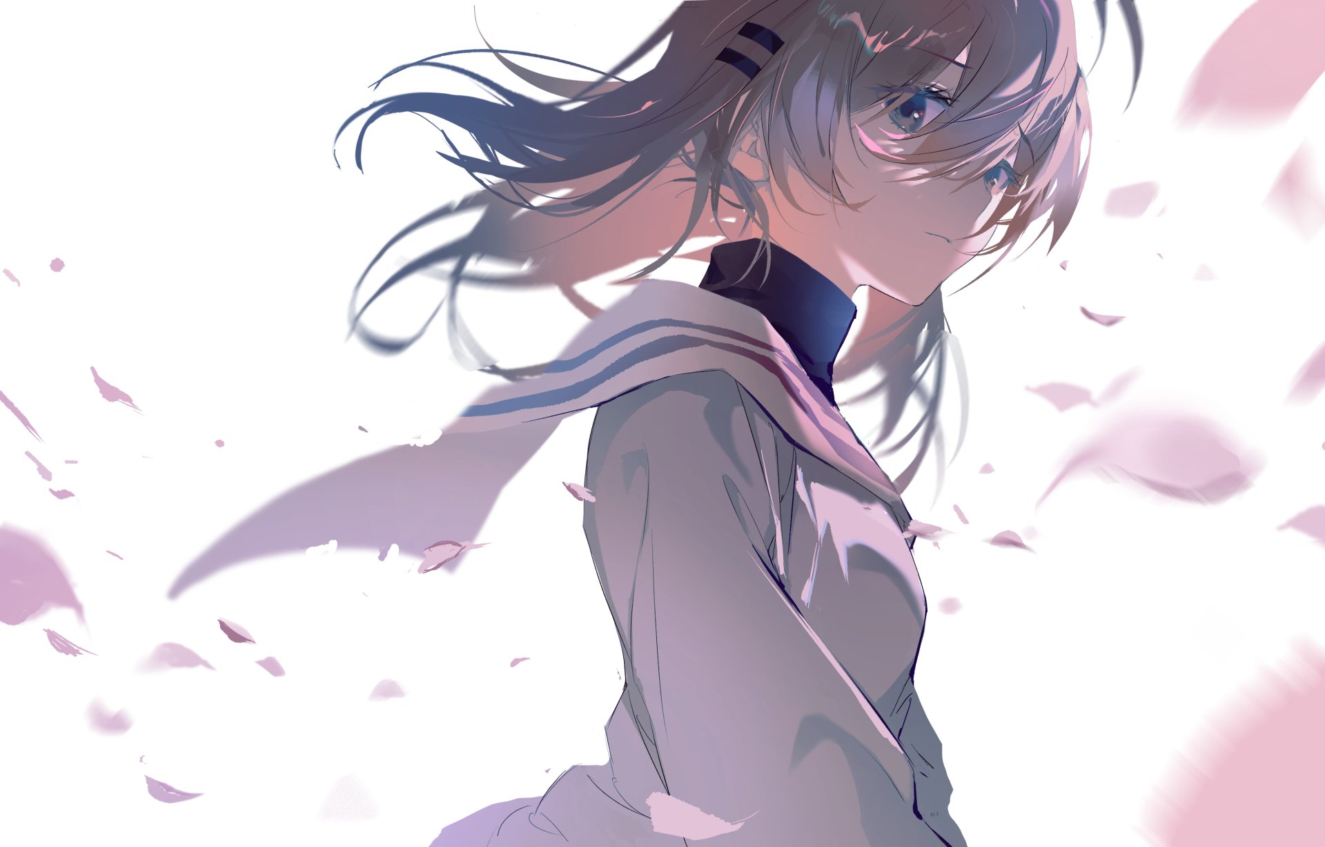 Nagisa Furukawa from Clannad in soft pastel light, wind-tousled hair and drifting sakura petals — stylized anime 2K Quad HD desktop wallpaper/background.