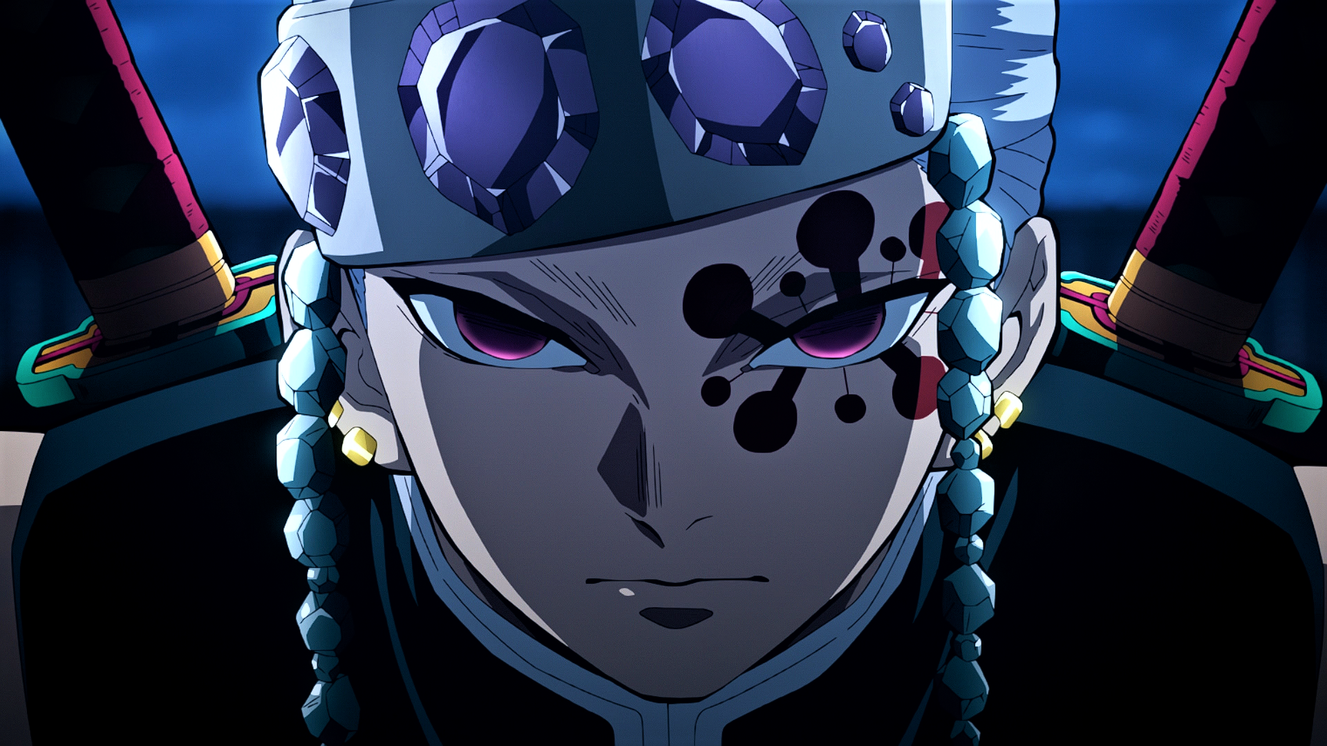 Tengen Uzui from the anime *Demon Slayer: Kimetsu no Yaiba* is featured in this HD PC desktop wallpaper, showcasing his striking appearance and intense gaze.