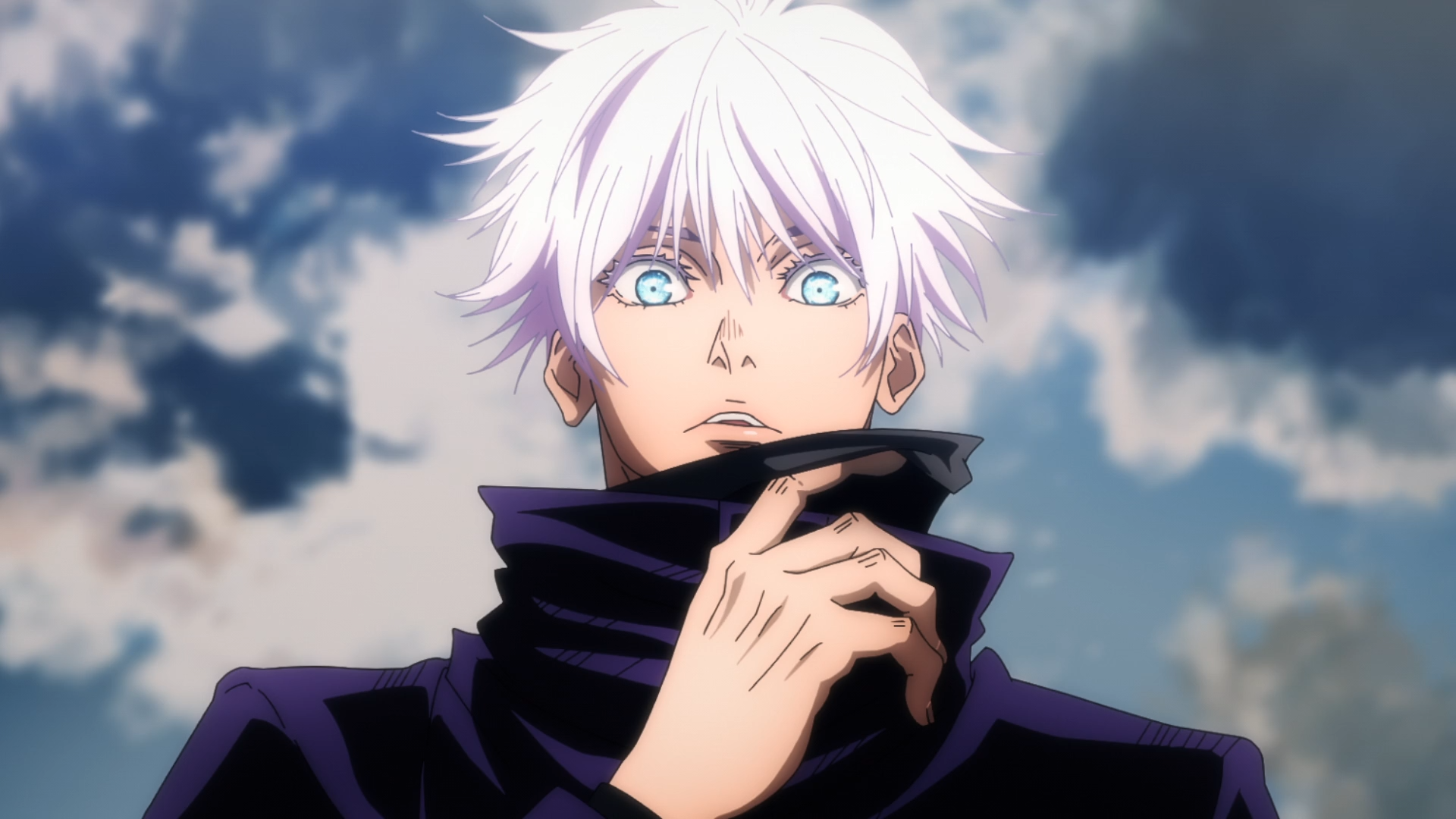 HD anime desktop wallpaper featuring Satoru Gojo from Jujutsu Kaisen with striking blue eyes and white hair against a cloudy sky background.