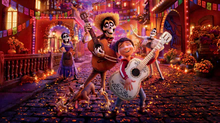 HD desktop wallpaper from the movie Coco featuring Miguel Rivera, Hector, Dante, and other vibrant characters in a lively street adorned with colorful lights and decorations.