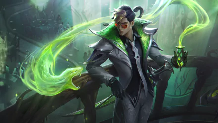 Master Yi from League of Legends in a sleek suit, surrounded by green energy, featured as a detailed 4K Ultra HD PC desktop wallpaper from the video game.