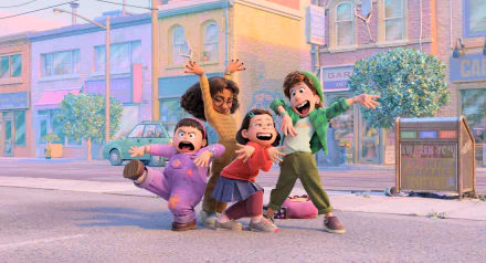 4K Ultra HD PC desktop wallpaper featuring Mei Lee and friends from the movie Turning Red, joyfully posing on a sunny urban street.
