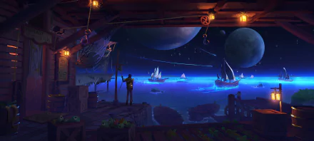 HD wallpaper of a fantasy scene depicting a dock with glowing ships on water under a large planet and moons, viewed from a wooden cabin.