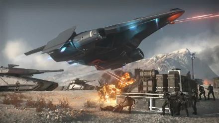 4K Ultra HD Star Citizen PC desktop wallpaper showing a futuristic spaceship firing lasers in a snowy battlefield with soldiers and mountains in the background.