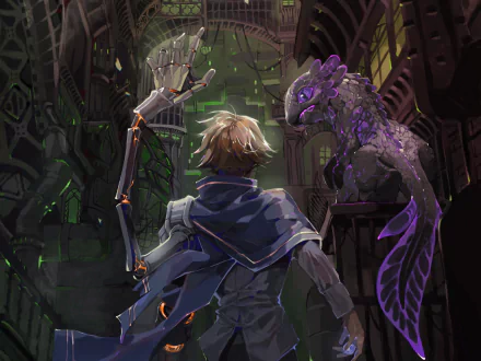 HD PC desktop wallpaper featuring Viktor from the TV show Arcane, showcasing him with a mechanical arm and a glowing, ethereal creature in a dark, futuristic setting.