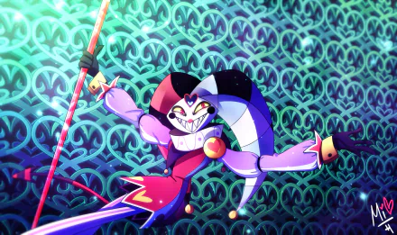 HD PC desktop wallpaper featuring Fizzarolli from the TV show Helluva Boss in a dynamic pose against a decorative blue-green patterned background.