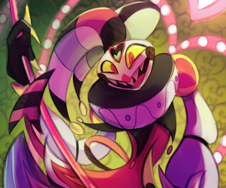 HD PC desktop wallpaper featuring Fizzarolli from the TV show Helluva Boss with vibrant colors and dynamic composition.