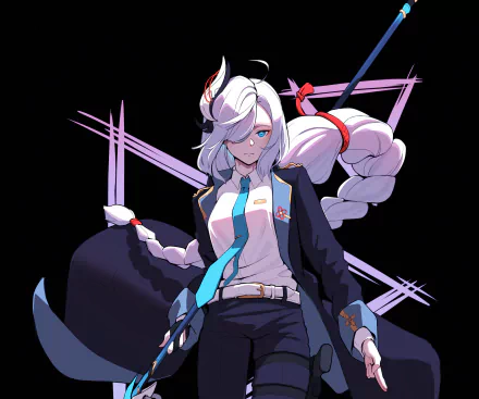 HD PC desktop wallpaper featuring Shenhe from the video game Genshin Impact, showcasing her iconic white hair, blue tie, and detailed outfit against a black background.