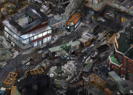 HD PC desktop wallpaper featuring a detailed urban scene from the video game Disco Elysium, showcasing its distinctive art style and atmospheric cityscape.