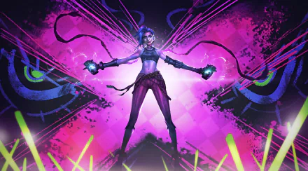Jinx from the Arcane TV show, inspired by League of Legends, stands heroically with glowing weapons against a vibrant purple and neon-lit 4K Ultra HD desktop background.