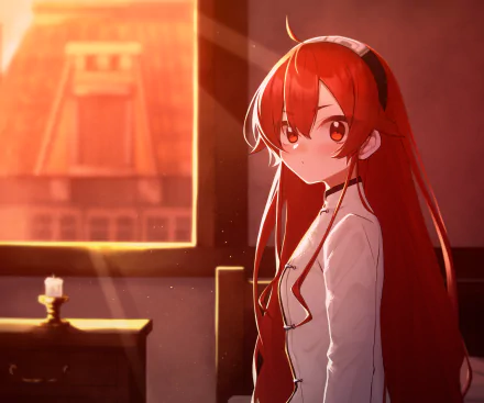 Eris Boreas Greyrat from the anime Mushoku Tensei: Jobless Reincarnation shown in warm sunlight, featured in an HD PC desktop wallpaper background.