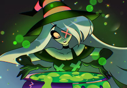 Vaggie from Hazbin Hotel casts a spell over a glowing green cauldron in this HD PC desktop wallpaper and background.