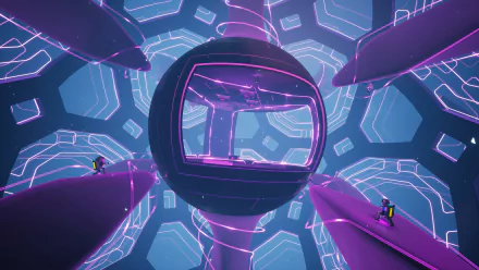 Video game Astroneer 4K Ultra HD PC desktop wallpaper and background: astronaut in a glowing spherical module amid purple platforms and neon hexagonal tunnel patterns.