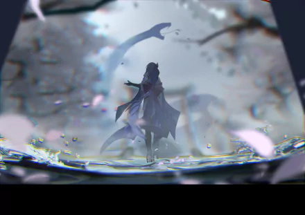 HD desktop wallpaper and background featuring Baal Raiden Shogun from the video game Genshin Impact, showcasing a serene and mystical scene with cherry blossom petals and a blurred serpent in the background.