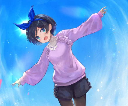 HD PC desktop wallpaper featuring Ruka Sarashina from the anime Rent-A-Girlfriend, depicted with vibrant colors and a joyful expression against a bright blue background.