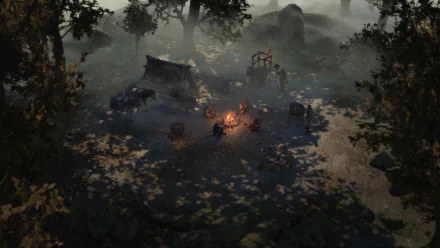 HD Wartales game scene desktop wallpaper featuring a campfire in a misty forest setting.