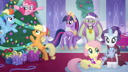 christmas tree Pinkie Pie Rainbow Dash Applejack (My Little Pony) Rarity (My Little Pony) Fluttershy (My Little Pony) Spike (My Little Pony) Twilight Sparkle TV Show My Little Pony: Friendship Is Magic HD Desktop Wallpaper | Background Image