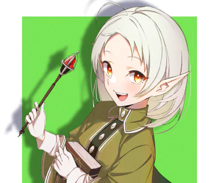 HD PC desktop wallpaper featuring Sylphiette from the anime Mushoku Tensei: Jobless Reincarnation, holding a staff and smiling against a green background.