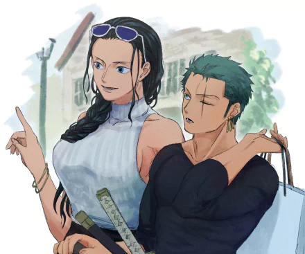 One Piece: Two Years Later HD PC wallpaper — Nico Robin and Roronoa Zoro; Robin points ahead as Zoro leans with a bag, anime desktop background.