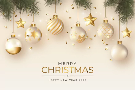 Elegant 4K Ultra HD Christmas wallpaper featuring gold and white baubles, stars, and pine branches with Merry Christmas and Happy New Year 2022 text.
