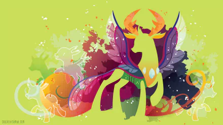 Minimalist 4K Ultra HD PC wallpaper of Thorax from the TV show My Little Pony: Friendship Is Magic — neon silhouette with butterfly-like wings over an abstract splash background.