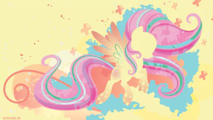 Minimalist 4K Ultra HD desktop wallpaper of Fluttershy (My Little Pony: Friendship Is Magic) — pastel silhouette with flowing pink-teal mane, wings and butterfly accents.