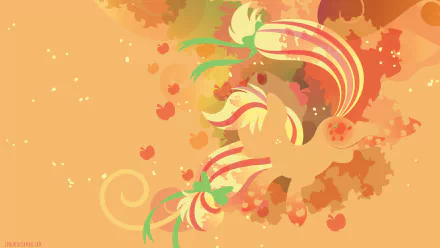 Minimalist 4K Ultra HD wallpaper featuring Applejack from the TV show My Little Pony: Friendship Is Magic, surrounded by autumn leaves and apples in warm orange tones.