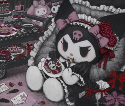 HD anime desktop wallpaper featuring Kuromi from Onegai My Melody dressed in gothic attire, enjoying a cake amid an elegant tea party setting.