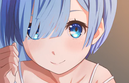 HD PC desktop wallpaper of Rem from Re:Zero — close-up of a blue-haired anime girl with bright cyan eyes, soft blush, and a gentle smile.