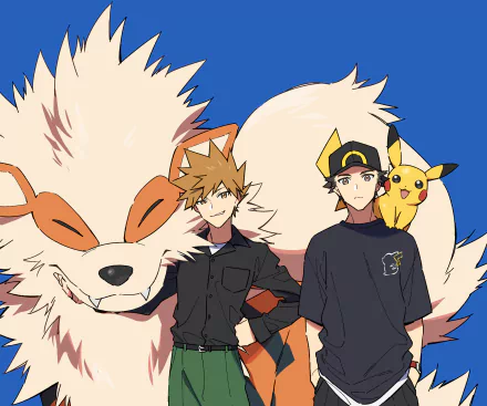 HD anime desktop wallpaper of Pokémon Red and Green standing before a huge Arcanine with Pikachu on Green's shoulder, bold blue background.