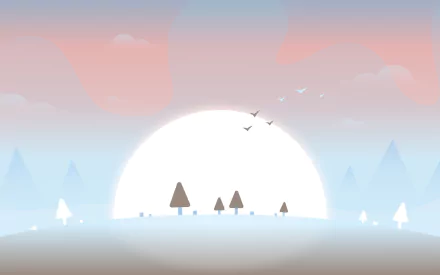 HD PC desktop wallpaper — minimalist artistic landscape: huge white sun over misty pastel hills, triangular trees and faint peaks beneath a soft pink‑blue sky.