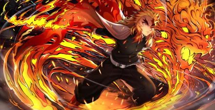 Kyojuro Rengoku from Demon Slayer: Kimetsu no Yaiba — The Movie: Mugen Train, poised amid swirling flames in a vivid 2K Quad HD PC desktop wallpaper.