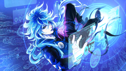 Idia Shroud (Twisted Wonderland video game) floats amid blue cyber-holograms, clutching a tablet; long azure hair and neon circuitry compose an HD PC desktop wallpaper and background.
