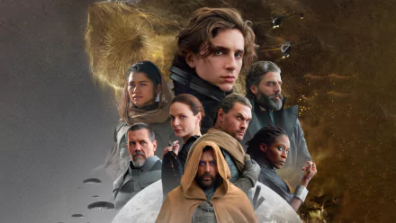 4K Ultra HD wallpaper featuring Rebecca Ferguson, Oscar Isaac, Josh Brolin, Javier Bardem, Jason Momoa, Sharon Duncan-Brewster, Timothée Chalamet, and Zendaya from the movie Dune (2021).